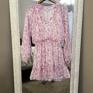 GB Long Sleeve Split Mock Neck Floral Printed Chiffon Dress